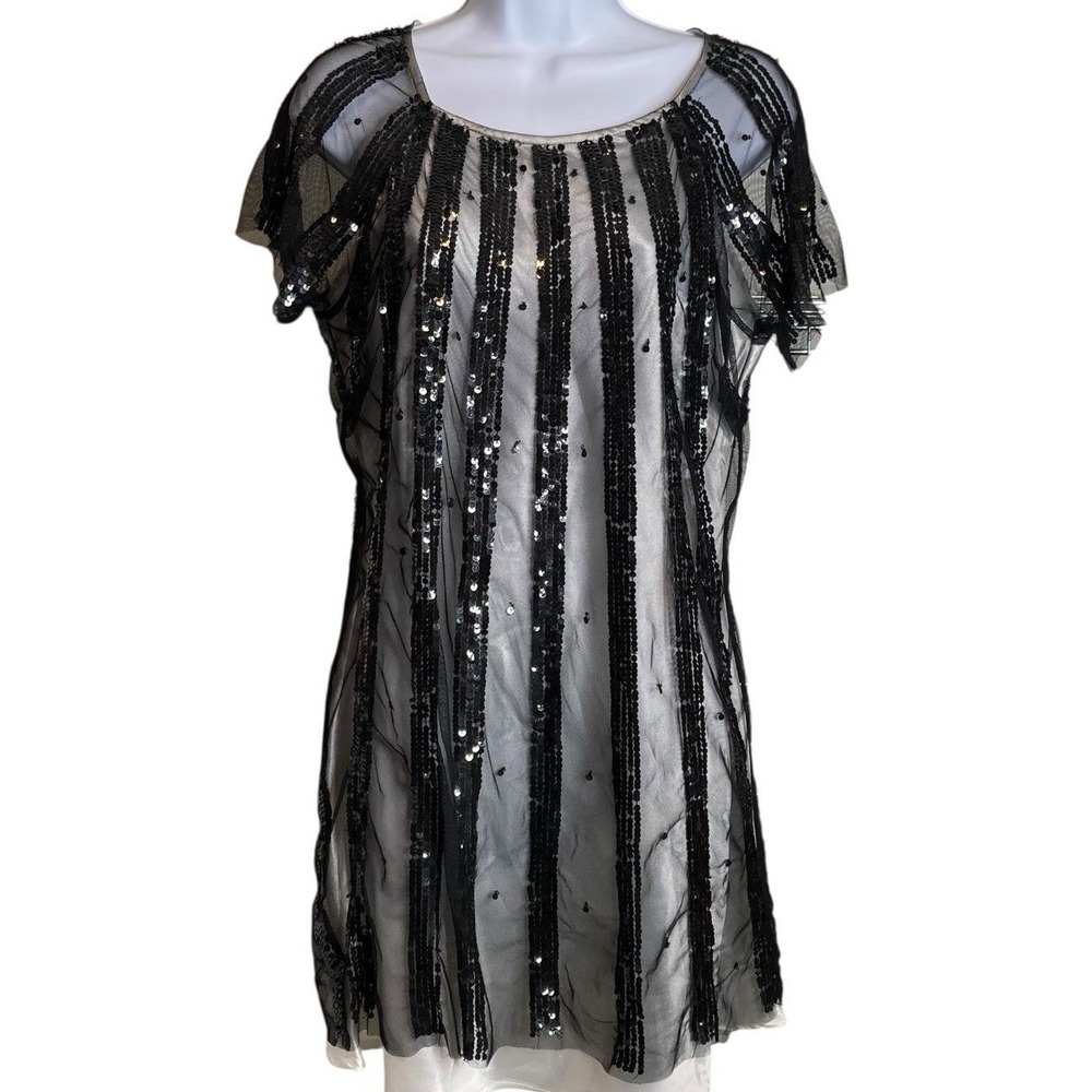 ARDEN B Womens Black Sequin Flutter Sleeve Tunic Dress Sz L Art Deco Gatsby Chic